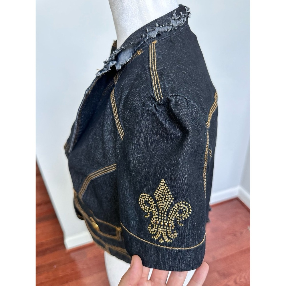 BISOU BISOU Dark Denim Gold Hardware Button Up Cropped Sexy Top Jacket Small - Picture 5 of 12